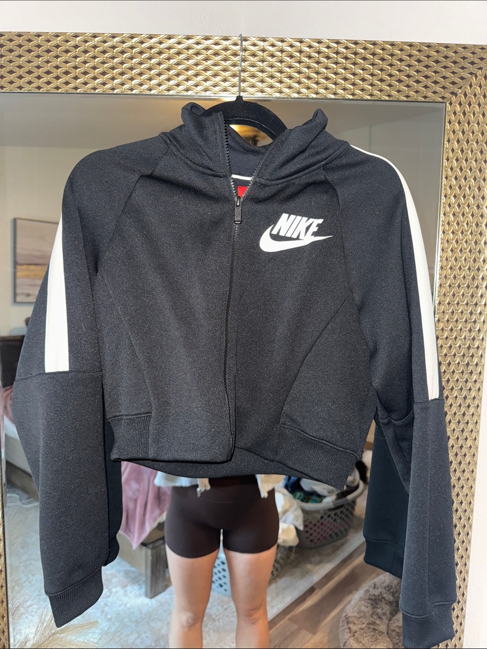 Nike Women's Black Zip Hoodie with White Sleeve Stripes